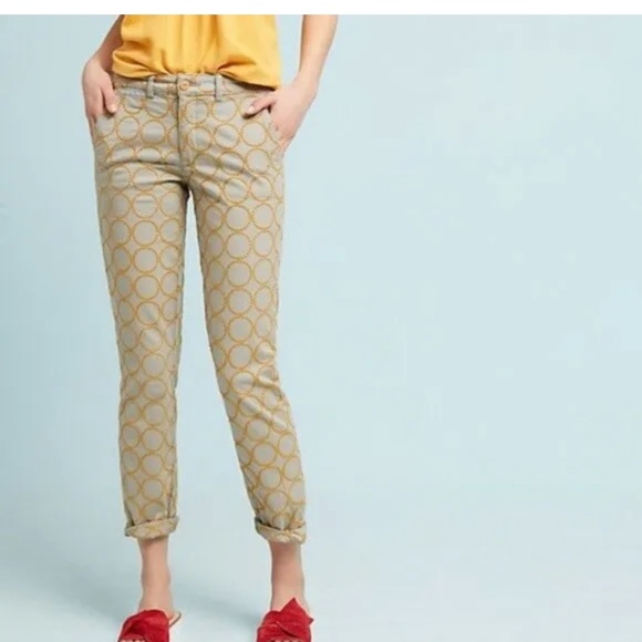 Chino by Anthropologie Tan Embroidered Pants 28 Relax Fit Cuffed - Picture 1 of 16